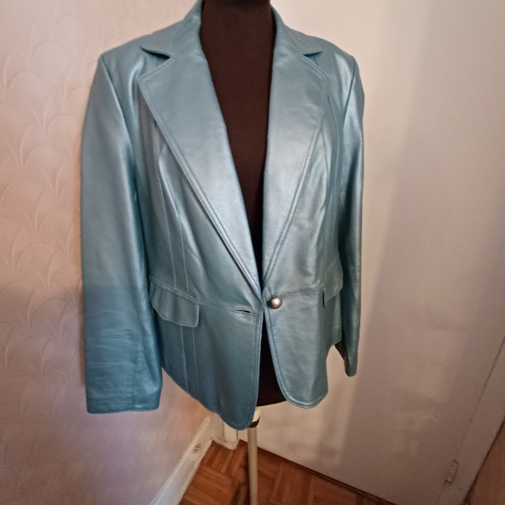 Icy, Metallic Blue Leather Jacket, sz L